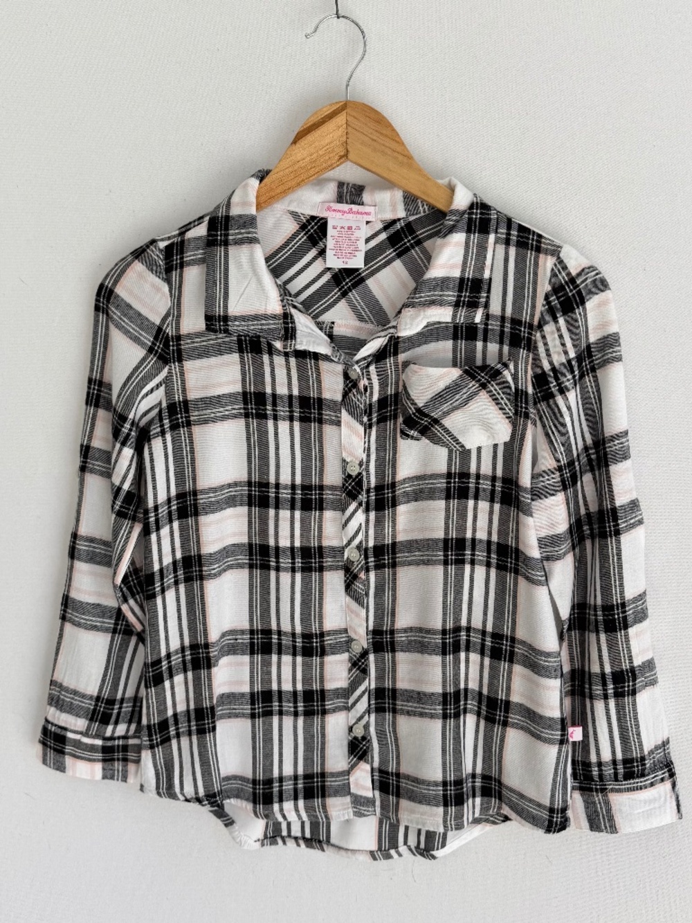 TOMMY BAHAMA Girls Size 12 White Pink & Black Plaid Flannel Shirt